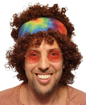 HandinHandCreations Afro Hippie Wig with Tie Dye Bandana Curly Brown Color with for all 60s 70s Hippy Parties Festivals