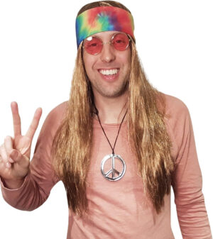 Hippie Wig Costume with Tie Dye Bandana 60s 70s Hippy Woodstock Festival Gear