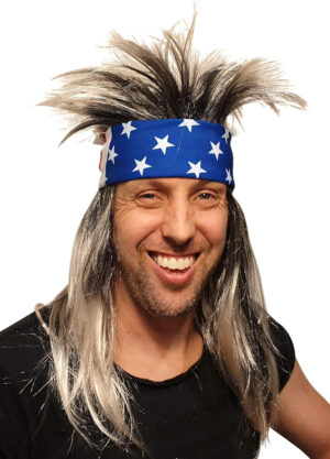 HandinHandCreations Mullet Rocker Spiky Wig with USA Bandana American Hippie Party Concert Costume Men and Women - One Size Fits