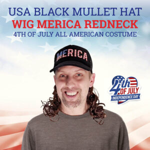 USA Black Mullet Hat Brown Wig Merica Redneck 4th of July All American Costume