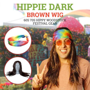 HandinHandCreations Hippie Dark Brown Wig Costume with Tie Dye Bandana 60s 70s Hippy Woodstock Festival Gear