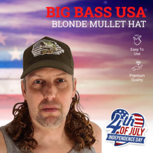 HandinHandCreations Big Bass USA Blonde Mullet Hat - Country Tiger King Joe Exotic Costume Gone Fishin - Redneck Cowboy White