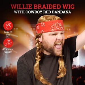 Willie Braided Wig with Cowboy Red Bandana - Hillbilly Country Red Neck Hippie Costume