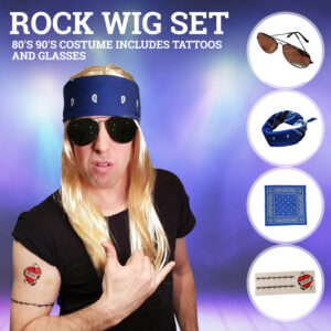 Rock Wig Set for Punk Heavy Metal Rocker Party 80's 90's Costume includesTattoos and Glasses