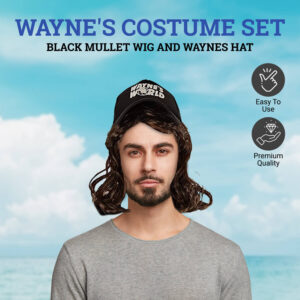 HandinHandCreations Wayne's Costume Set Black Mullet Wig and Waynes Hat All Included